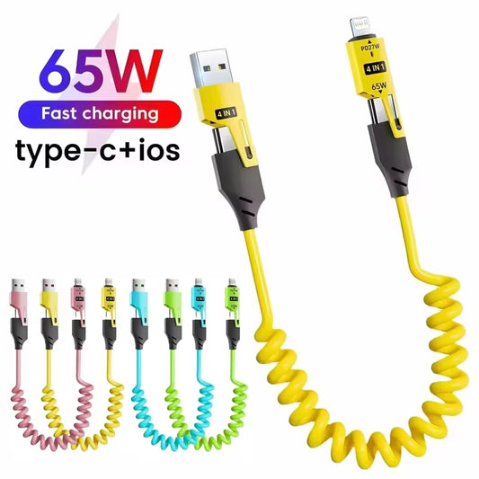 Experience Lightning-Fast Charging with the 65W Quick Charge Spring USB Cable - 4 in 1 Spring Data Cable for iPhone, iPad, MacBook, and Huawei