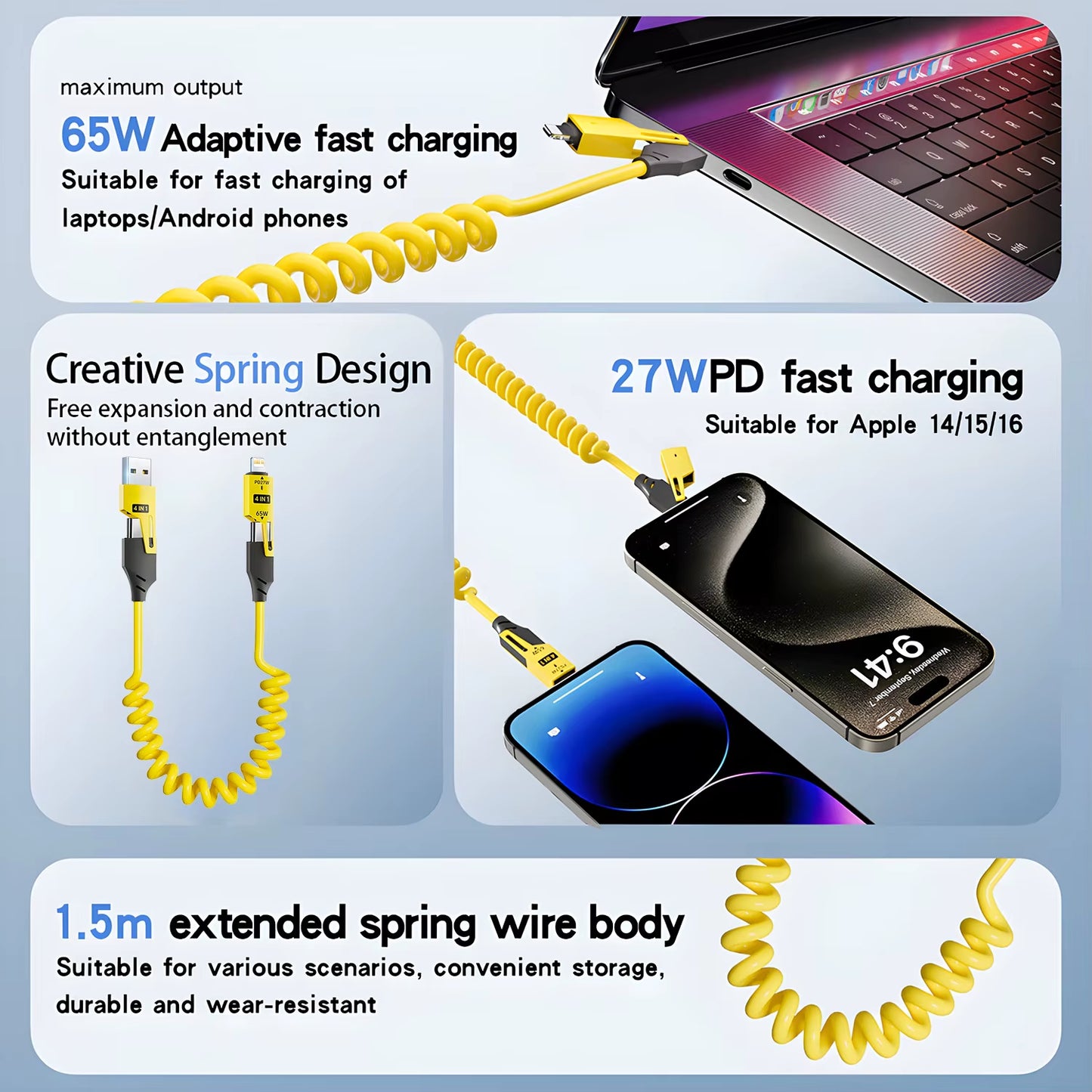 Experience Lightning-Fast Charging with the 65W Quick Charge Spring USB Cable - 4 in 1 Spring Data Cable for iPhone, iPad, MacBook, and Huawei