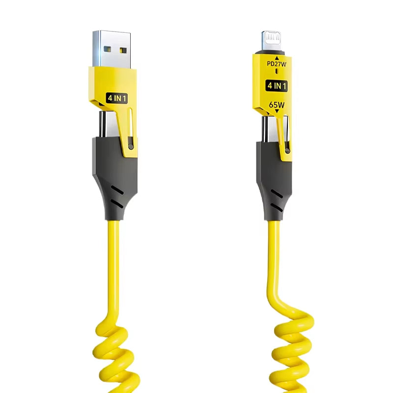 Experience Lightning-Fast Charging with the 65W Quick Charge Spring USB Cable - 4 in 1 Spring Data Cable for iPhone, iPad, MacBook, and Huawei