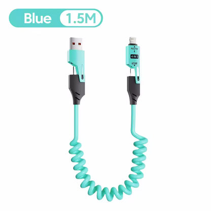 Experience Lightning-Fast Charging with the 65W Quick Charge Spring USB Cable - 4 in 1 Spring Data Cable for iPhone, iPad, MacBook, and Huawei