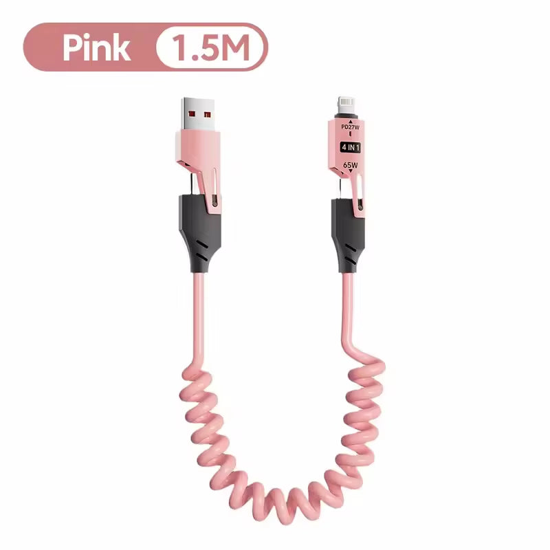 Experience Lightning-Fast Charging with the 65W Quick Charge Spring USB Cable - 4 in 1 Spring Data Cable for iPhone, iPad, MacBook, and Huawei