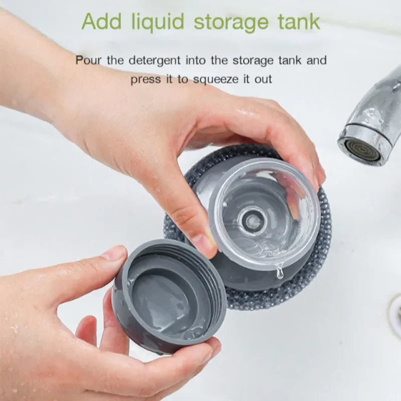 Revolutionary Kitchen Wash Pot Dish Brush with Press-Activated Liquid Dispenser for Effortless Pan Cleaning