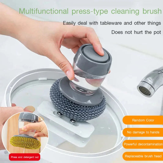 Revolutionary Kitchen Wash Pot Dish Brush with Press-Activated Liquid Dispenser for Effortless Pan Cleaning