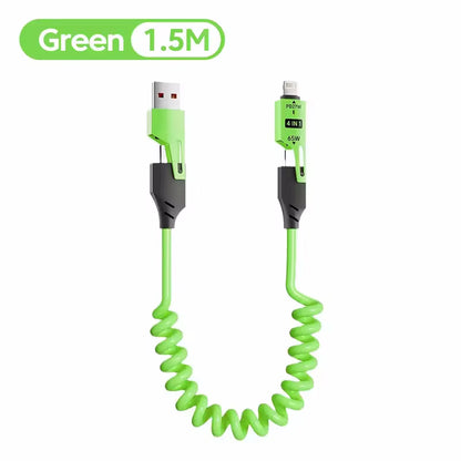 Experience Lightning-Fast Charging with the 65W Quick Charge Spring USB Cable - 4 in 1 Spring Data Cable for iPhone, iPad, MacBook, and Huawei